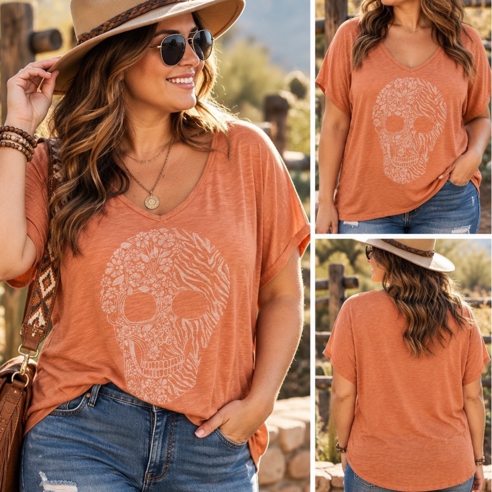 Torrid Womens Plus Size 2 Coral Orange Floral Zebra Skull V-Neck Relaxed Fit Tee